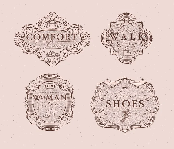 Shoes Labels Vintage Inscriptions Comfort Sneakers Warm Walk Woman Footwear — Stock Vector
