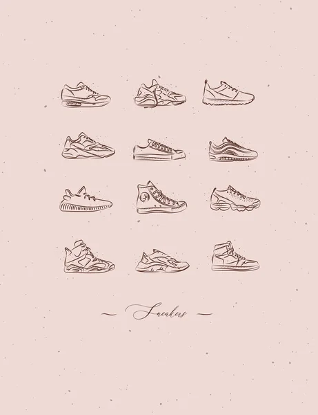 Los Hombres Zapatos Diferentes Tipos Zapatillas Deporte Establecen Dibujo Estilo — Vector de stock