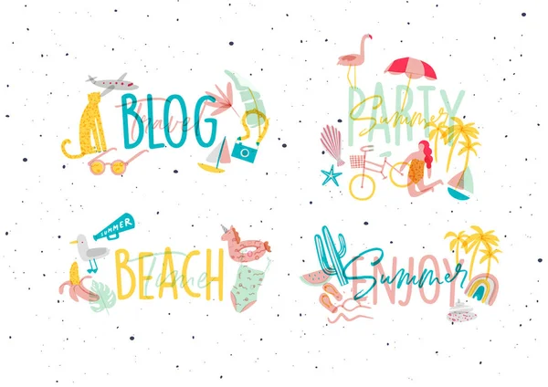 Summer Lettering Inscriptions Travel Blog Party Beach Time Enjoy Drawing — Stock Vector