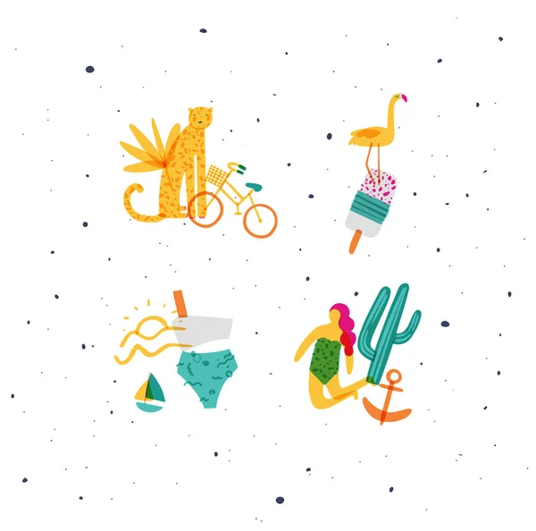 Летние Яркие Композиции Цветами Гепардом Велосипедом Фламинго Мороженым Закатом Купальником — стоковый вектор