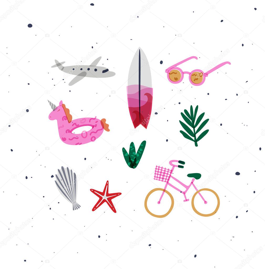 Summer elements airplane, surfboard, sunglasses, swim ring, tree, starfish, shell, plants, bike drawing in vivid color