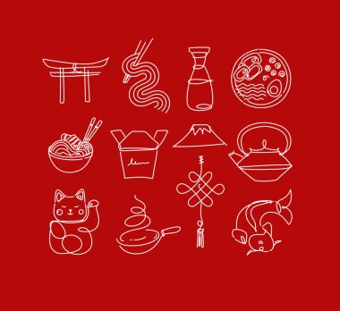 Kırmızı arkaplanda satır biçimi çizimi olan suşi simgesi ayarlandı