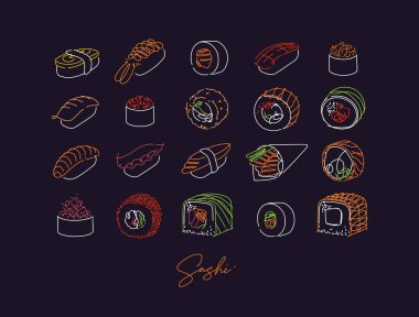 Sushi types poster drawing in line neon style drawing on dark background clipart