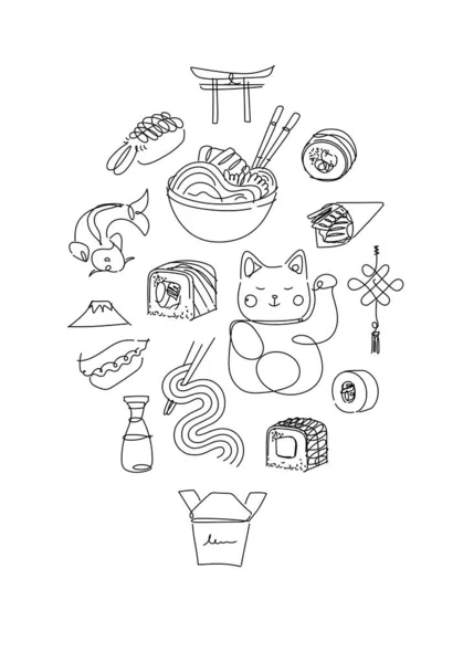 Asian Food Poster Drawing Line Style White Background — Stock Vector