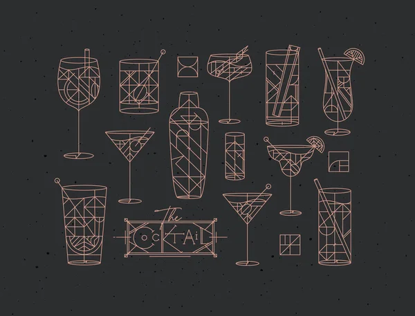 Cocktails Art Déco Dessinés Ligne Sur Fond Sombre — Image vectorielle