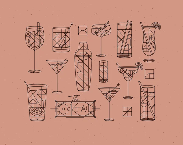 Art Déco Cocktails Setzen Zeichnung Linienstil Auf Puderkorallen Hintergrund — Stockvektor