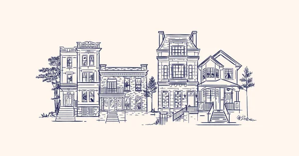 带有深蓝色线条的老式老式复古风格的房屋插画 — 图库矢量图片