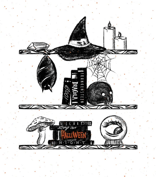 Halloween Shelf Crystal Witch Hat Candles Spider Web Bat Books — Stock Vector