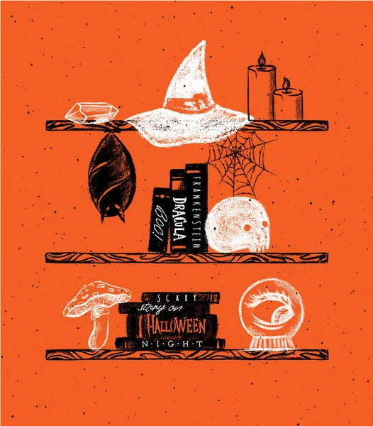 Halloween Polc Kristály Boszorkány Kalap Gyertyák Pókháló Denevér Könyvek Koponya — Stock Vector