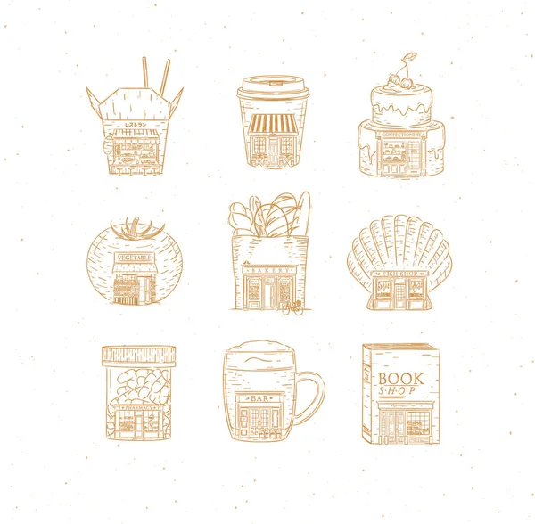 Набор Кондитерских Кофе Хлебобулочные Изделия Овощи Книги Азиатские Продукты Питания — стоковый вектор