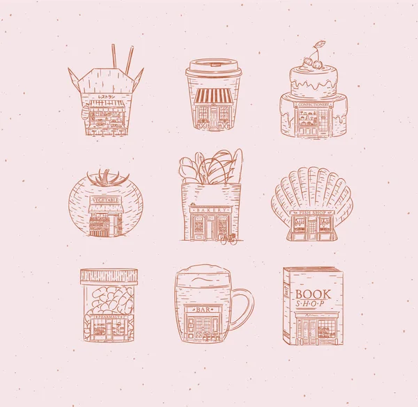 Conjunto Conjunto Confitería Escaparate Café Panadería Verdura Libro Comida Asiática — Archivo Imágenes Vectoriales