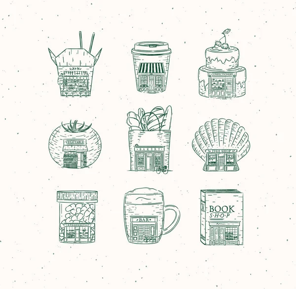 Набор Кондитерских Кофе Хлебобулочные Изделия Овощи Книги Азиатские Продукты Питания — стоковый вектор