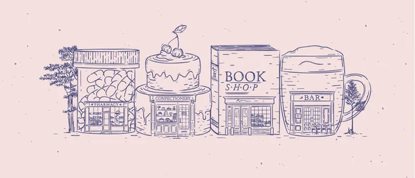 Conjunto Lojas Farmácia Confeitaria Livraria Bar Desenho Com Cor Azul — Vetor de Stock