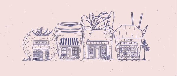 Garnitur Von Geschäften Lebensmittelgeschäft Café Bäckerei Asiatische Lebensmittel Zeichnung Mit — Stockvektor