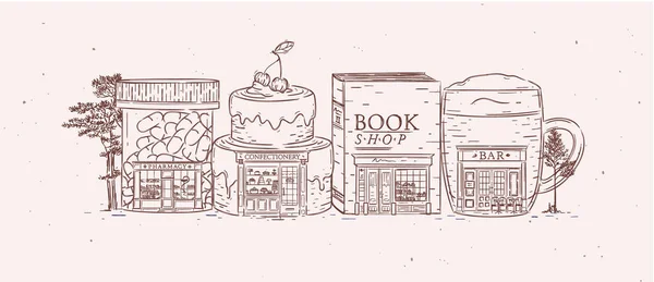 Set Escaparates Farmacia Confitería Librería Bar Dibujo Con Color Marrón — Archivo Imágenes Vectoriales