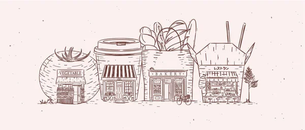 Garnitur Von Schaufenstern Lebensmittelgeschäft Café Bäckerei Asiatische Lebensmittel Zeichnung Mit — Stockvektor