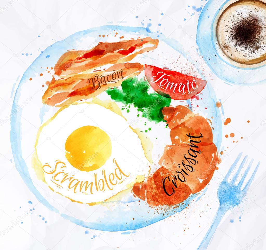 Breakfast watercolors bacon eggs