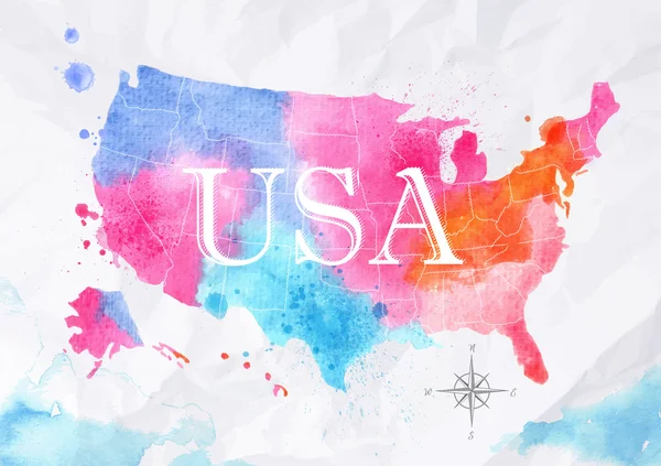 Watercolor map United States pink blue — Stock Vector