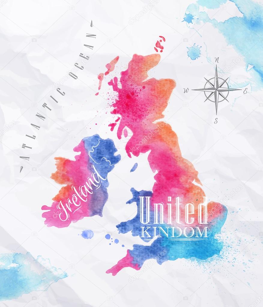 Watercolor map United kingdom and Scotland pink blue