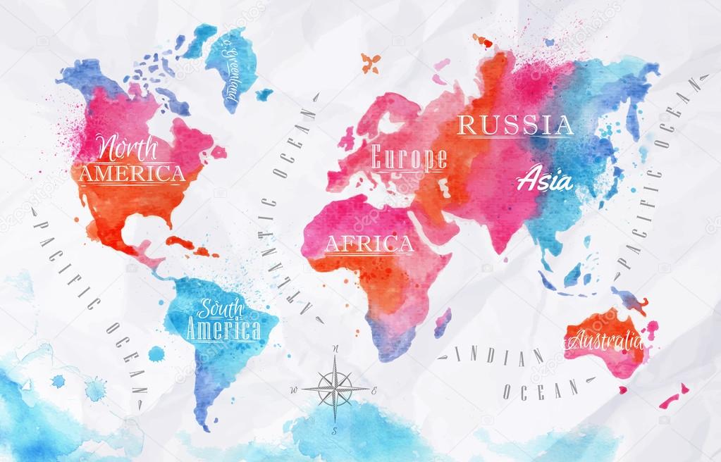 Watercolor world map pink blue