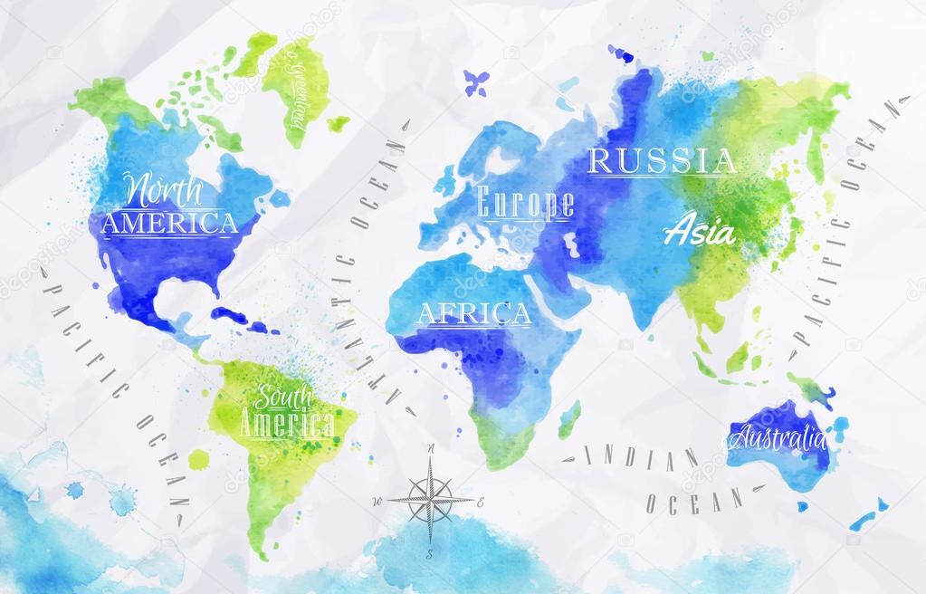 Watercolor World Map Green Blue Stock Vector Image By C Anna42f