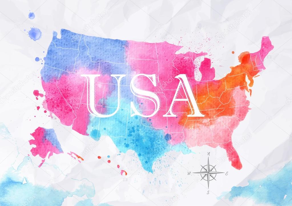 Watercolor map United States pink blue