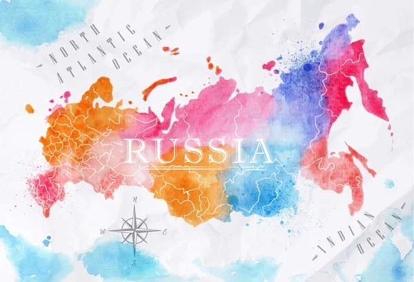 Watercolor map Russia pink blue — Stock Vector