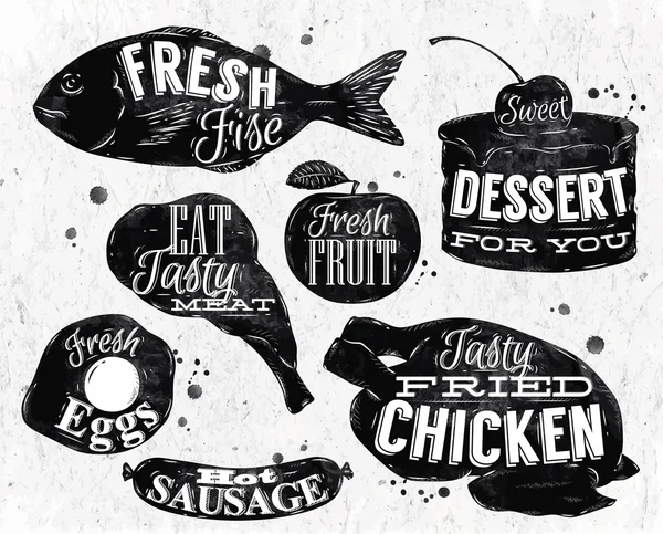Yemek sembol vintage yazı yumurta, elma, tavuk, kek, balık, et, sosis — Stok Vektör