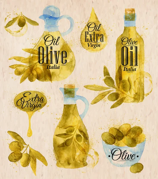 Acuarela dibujada estilo pueblo aceite de oliva — Vector de stock