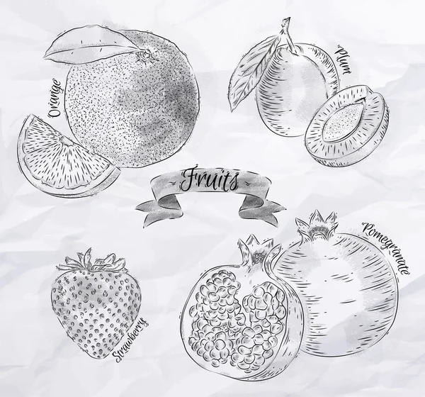Naranja fruta, ciruela, fresa, granada vintage — Archivo Imágenes Vectoriales