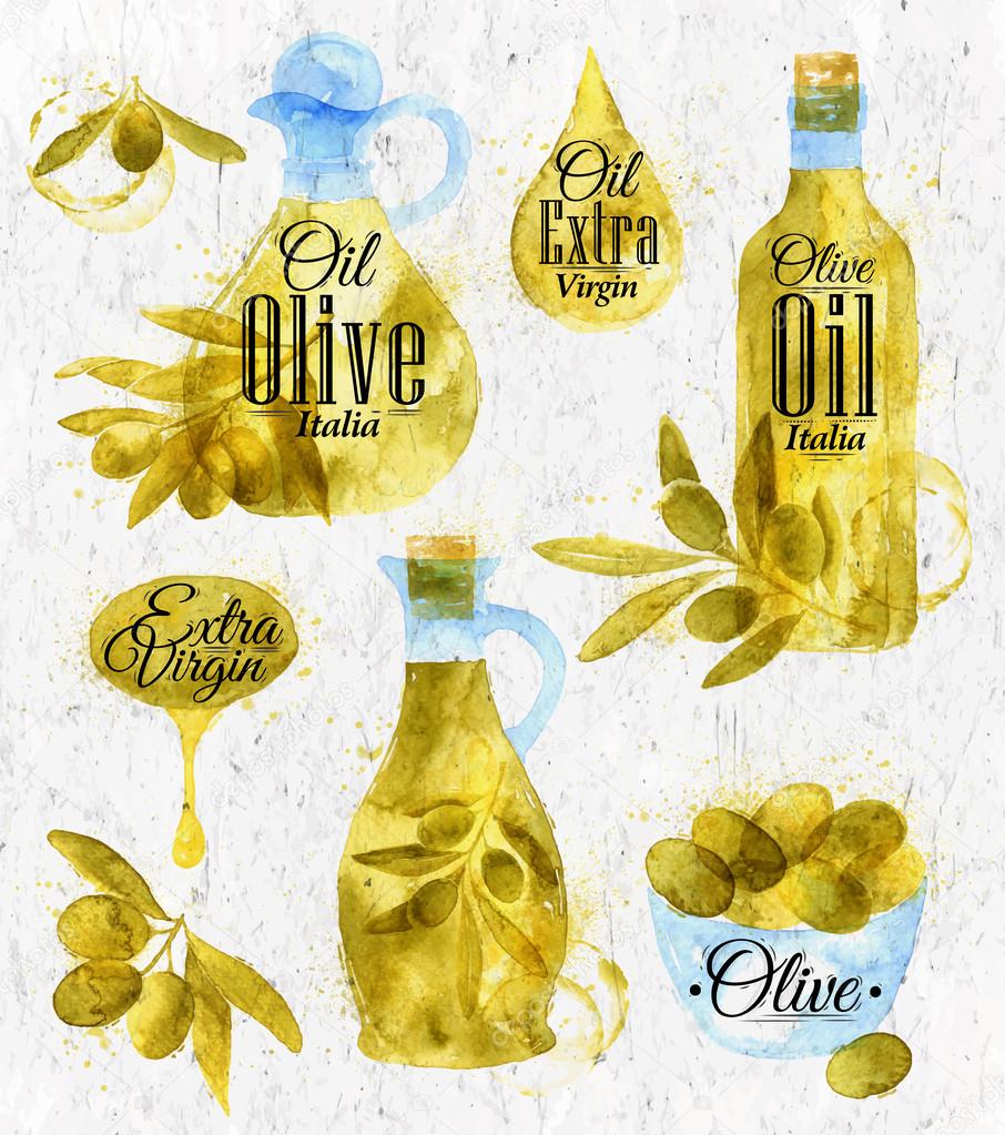 Acquerello disegnato stile retr² olio d oliva — Vettoriali Stock Versare puntatore disegnata con rami dell acquerello di olio di oliva e bottiglie di olio di bevanda lettering oliva Italia extra vergine olio di olive