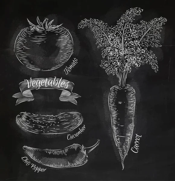Zeleninu mrkev, rajče, chilli papričky, okurka křída — Stockový vektor