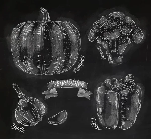 蔬菜辣椒，南瓜，大蒜，西兰花粉笔 — 图库矢量图片