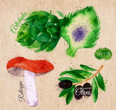 Sebze sulu boya rotkappe, enginar, kraft kağıt üzerinde Siyah Zeytin