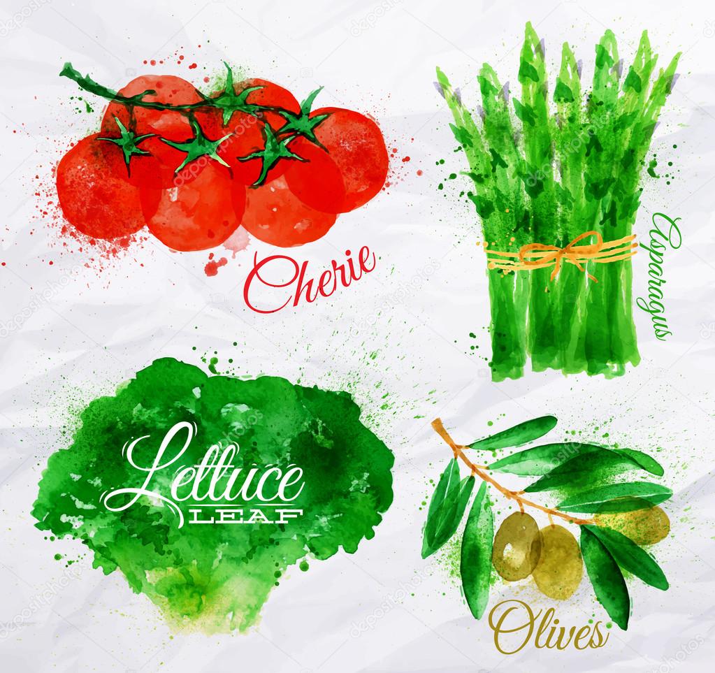 Vegetables watercolor lettuce, cherry tomatoes, asparagus, olives