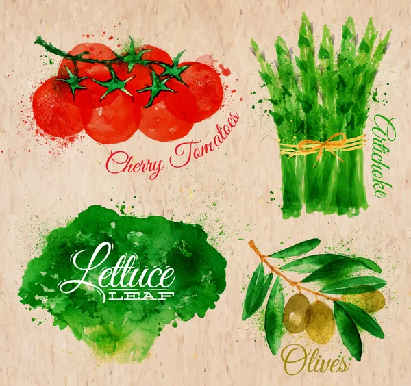 Verduras lechuga acuarela, tomates cherry, espárragos, aceitunas sobre papel kraft — Vector de stock