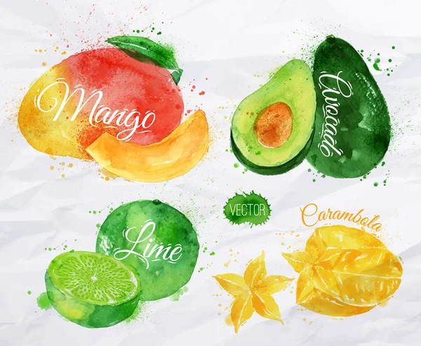 Manga aquarela de frutas exóticas, abacate, carambola, limão —  Vetores de Stock