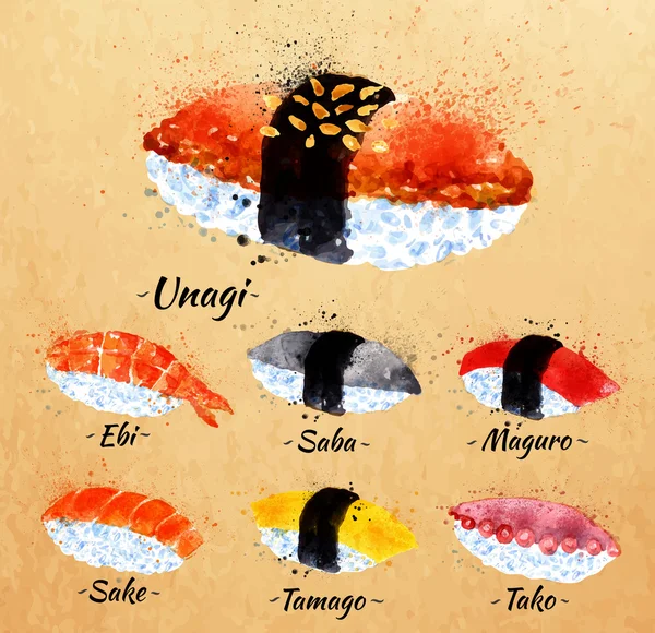 Sushi watercolor in kraft — Stock Vector