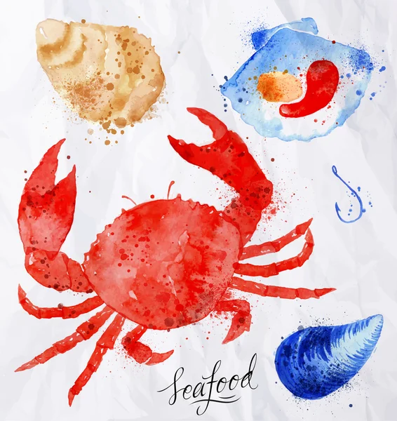Seafood watercolor crab, clams, mussels, oysters, shell — Stock Vector