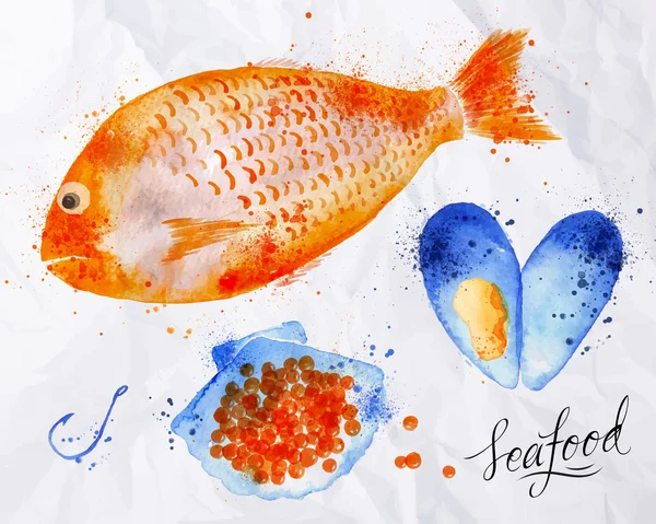 Seafood watercolor fish, red caviar, mussel — Stock Vector