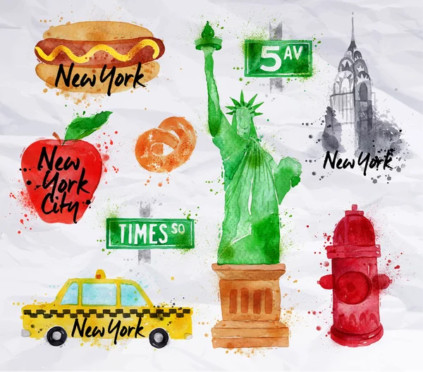 Símbolos de Nueva York papel arrugado — Vector de stock