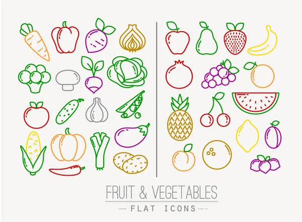 Flat Fruits Vegetables Icons Color — Stock Vector