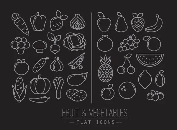 Плоские фрукты, овощи, иконы черного цвета — стоковый вектор