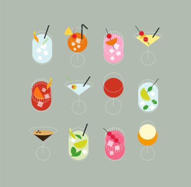Kokteyller hazır margarita, mojito, martini, eski moda, kozmopolit, Bloody Mary, viski kokteyli, mai tai, pina colada, negroni çizimi gri arka planda.