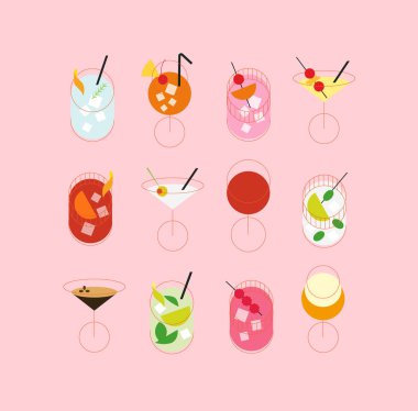 Kokteyller, margarita, mojito, martini, eski moda, kozmopolit, Bloody Mary, viski kokteyli, mai tai, pina colada, pembe arka planda minimalist çizim tarzı negroni.