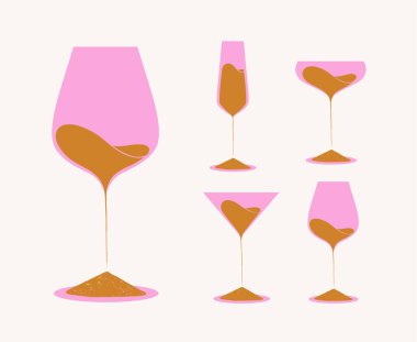Set of drinking glasses wine champagne martini with sand shapes liquid drawing with pink and beige on light background