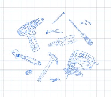 Yapı araçları kompozisyon bileşimi tornavida, çivi, pense, tornavida, ayarlanabilir anahtar, çekiç, vida, ışık arkaplan üzerinde grafik biçimli yapboz çizim