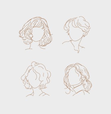 Bej arka planda doğrusal sanat tarzında kısa saç koleksiyonu olan kadın silueti.