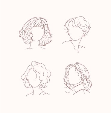 Açık kahverengi arka planda doğrusal sanat tarzında kısa saç koleksiyonu olan kadın silueti.