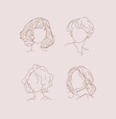 Şeftali arka planında doğrusal sanat tarzında kısa saç koleksiyonu olan kadın silueti.